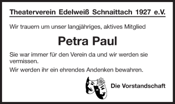 Traueranzeige von Petra Paul von Pegnitz-Zeitung