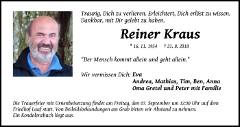 Traueranzeige von Reiner Kraus von Pegnitz-Zeitung