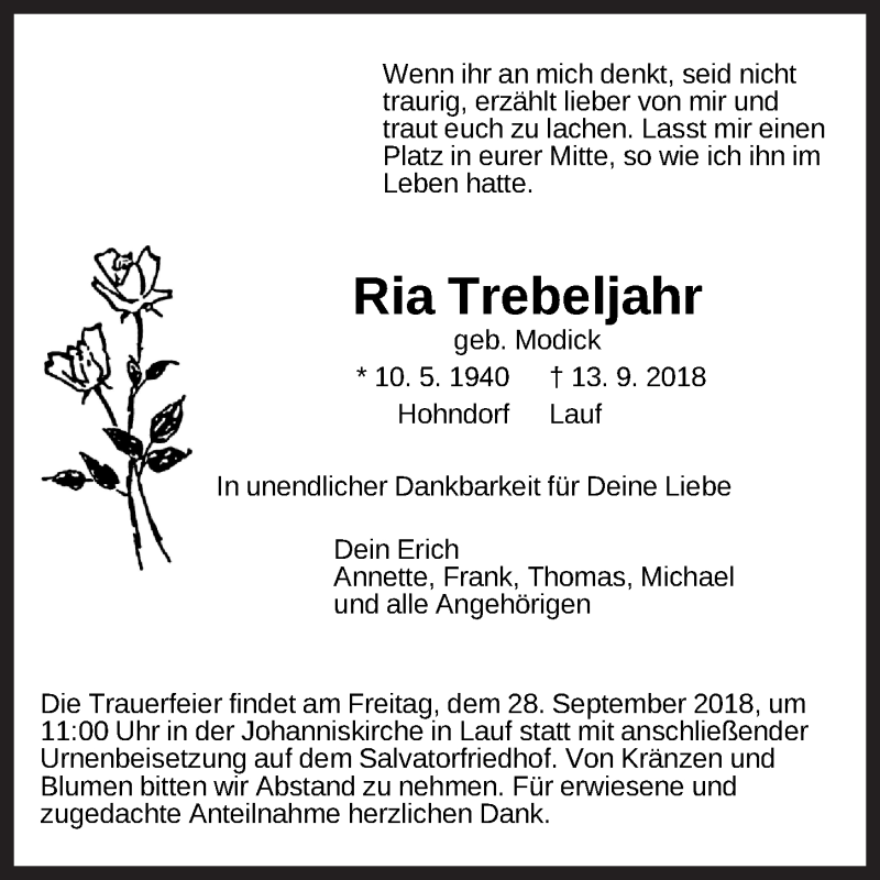  Traueranzeige für Ria Trebeljahr vom 21.09.2018 aus Pegnitz-Zeitung