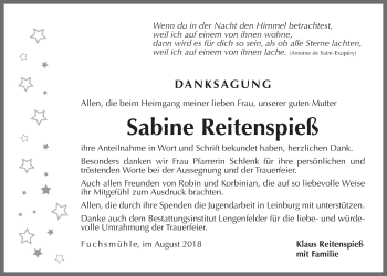 Traueranzeige von Sabine Reitenspieß von Der Bote