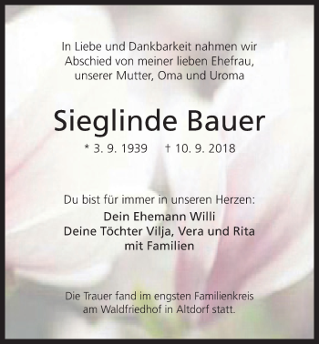 Traueranzeige von Sieglinde Bauer von Der Bote