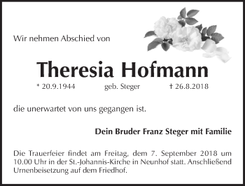 Traueranzeige von Theresia Hofmann von Pegnitz-Zeitung