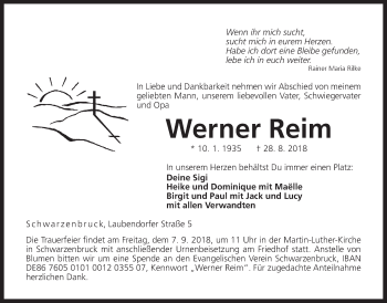 Traueranzeige von Werner Reim von Der Bote