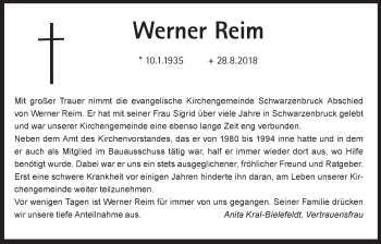 Traueranzeige von Werner Reim von Der Bote
