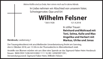 Traueranzeige von Wilhelm Felsner von Hersbrucker Zeitung