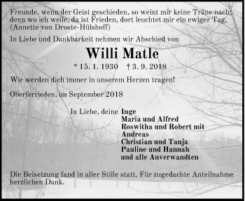 Traueranzeige von Willi Matle von Der Bote