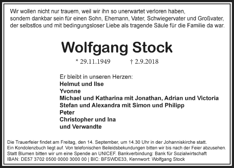  Traueranzeige für Wolfgang Stock vom 08.09.2018 aus Pegnitz-Zeitung