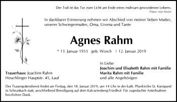 Traueranzeige von Agnes Rahm von Pegnitz-Zeitung