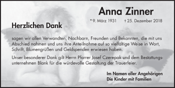 Traueranzeige von Anna Zinner von Pegnitz-Zeitung