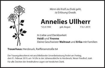 Traueranzeige von Annelies Ullherr von Hersbrucker Zeitung