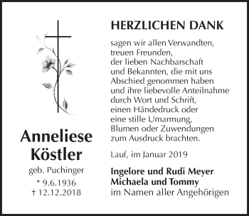 Traueranzeige von Anneliese Köstler von Pegnitz-Zeitung