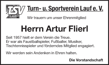 Traueranzeige von Artur Flierl von Pegnitz-Zeitung