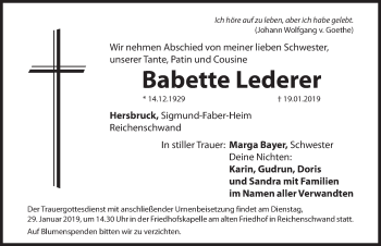 Traueranzeige von Babette Lederer von Hersbrucker Zeitung