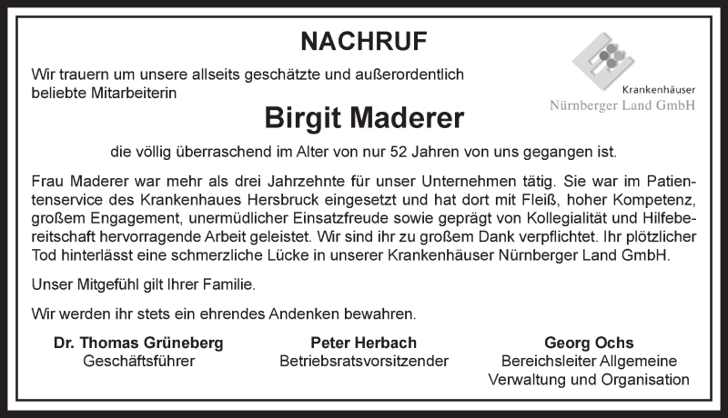  Traueranzeige für Birgit Maderer vom 22.01.2019 aus Hersbrucker Zeitung