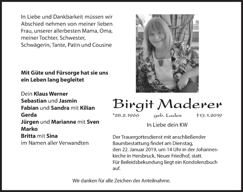  Traueranzeige für Birgit Maderer vom 19.01.2019 aus Hersbrucker Zeitung