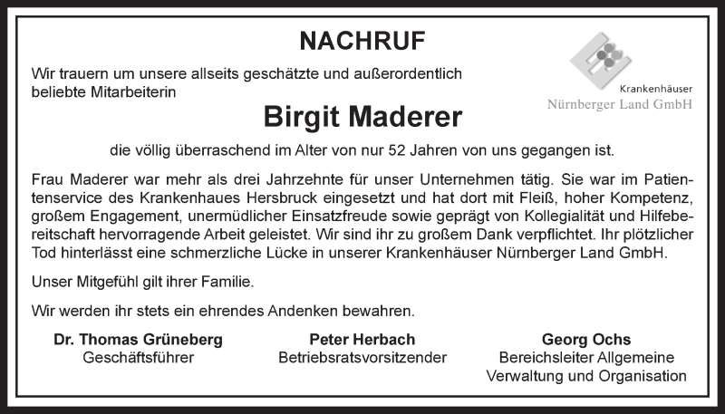  Traueranzeige für Birgit Maderer vom 22.01.2019 aus Der Bote