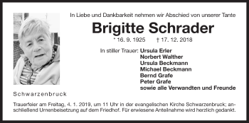 Traueranzeige von Brigitte Schrader von Der Bote