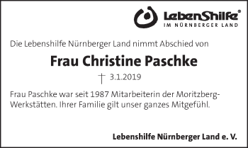 Traueranzeige von Christine Paschke von Pegnitz-Zeitung