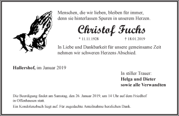 Traueranzeige von Christof Fuchs von Hersbrucker Zeitung
