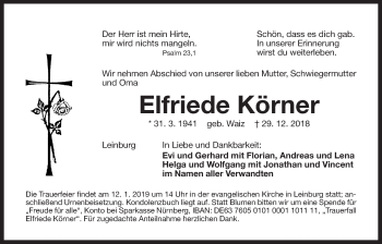 Traueranzeige von Elfriede Körner von Der Bote