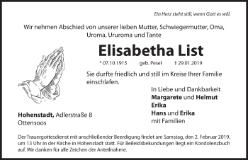 Traueranzeige von Elisabetha List von Hersbrucker Zeitung