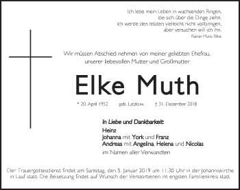 Traueranzeige von Elke Muth von Pegnitz-Zeitung