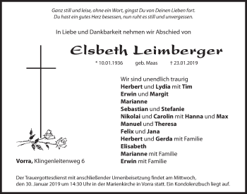 Traueranzeige von Elsbeth Leimberger von Hersbrucker Zeitung