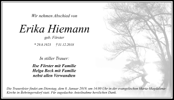 Traueranzeige von Erika Hiemann von Pegnitz-Zeitung