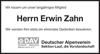 Traueranzeige von Erwin Zahn von Pegnitz-Zeitung