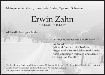 Traueranzeige von Erwin Zahn von Pegnitz-Zeitung