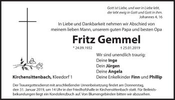 Traueranzeige von Fritz Gemmel von Hersbrucker Zeitung
