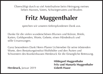 Traueranzeige von Fritz Muggenthaler von Hersbrucker Zeitung