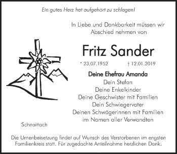 Traueranzeige von Fritz Sander von Pegnitz-Zeitung