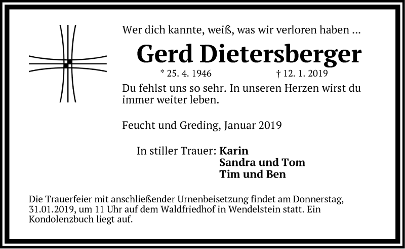  Traueranzeige für Gerd Dietersberger vom 30.01.2019 aus Der Bote