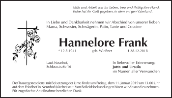 Traueranzeige von Hannelore Frank von Pegnitz-Zeitung