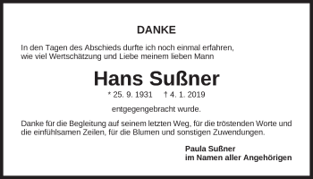 Traueranzeige von Hans Sußner von Der Bote