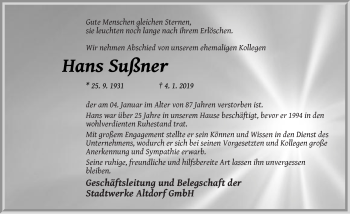 Traueranzeige von Hans Sußner von Der Bote