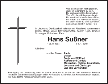 Traueranzeige von Hans Sußner von Der Bote
