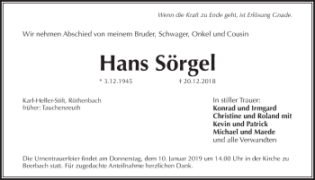 Traueranzeige von Hans Sörgel von Pegnitz-Zeitung
