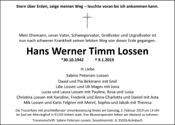 Traueranzeige von Hans Werner Timm Lossen von Hersbrucker Zeitung