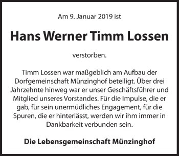 Traueranzeige von Hans Werner Timm Lossen von Hersbrucker Zeitung