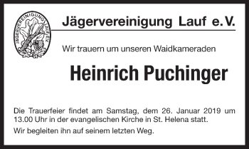 Traueranzeige von Heinrich Puchinger von Pegnitz-Zeitung