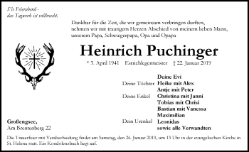 Traueranzeige von Heinrich Puchinger von Pegnitz-Zeitung