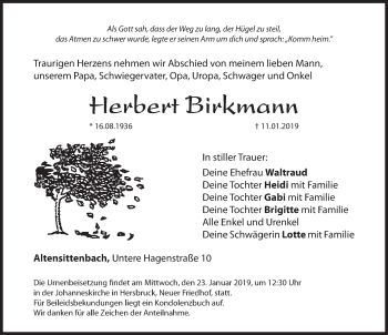 Traueranzeige von Herbert Birkmann von Hersbrucker Zeitung