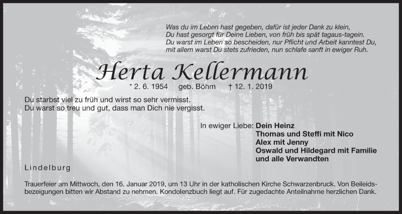  Traueranzeige für Herta Kellermann vom 14.01.2019 aus Der Bote