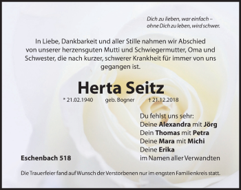Traueranzeige von Herta Seitz von Hersbrucker Zeitung
