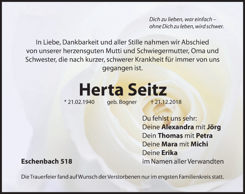  Traueranzeige für Herta Seitz vom 19.01.2019 aus Hersbrucker Zeitung