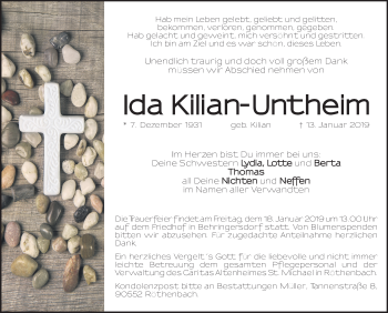 Traueranzeige von Ida Kilian-Untheim von Pegnitz-Zeitung