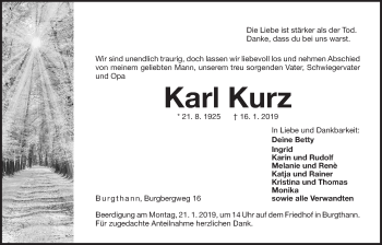 Traueranzeige von Karl Kurz von Der Bote