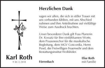 Traueranzeige von Karl Roth von Hersbrucker Zeitung